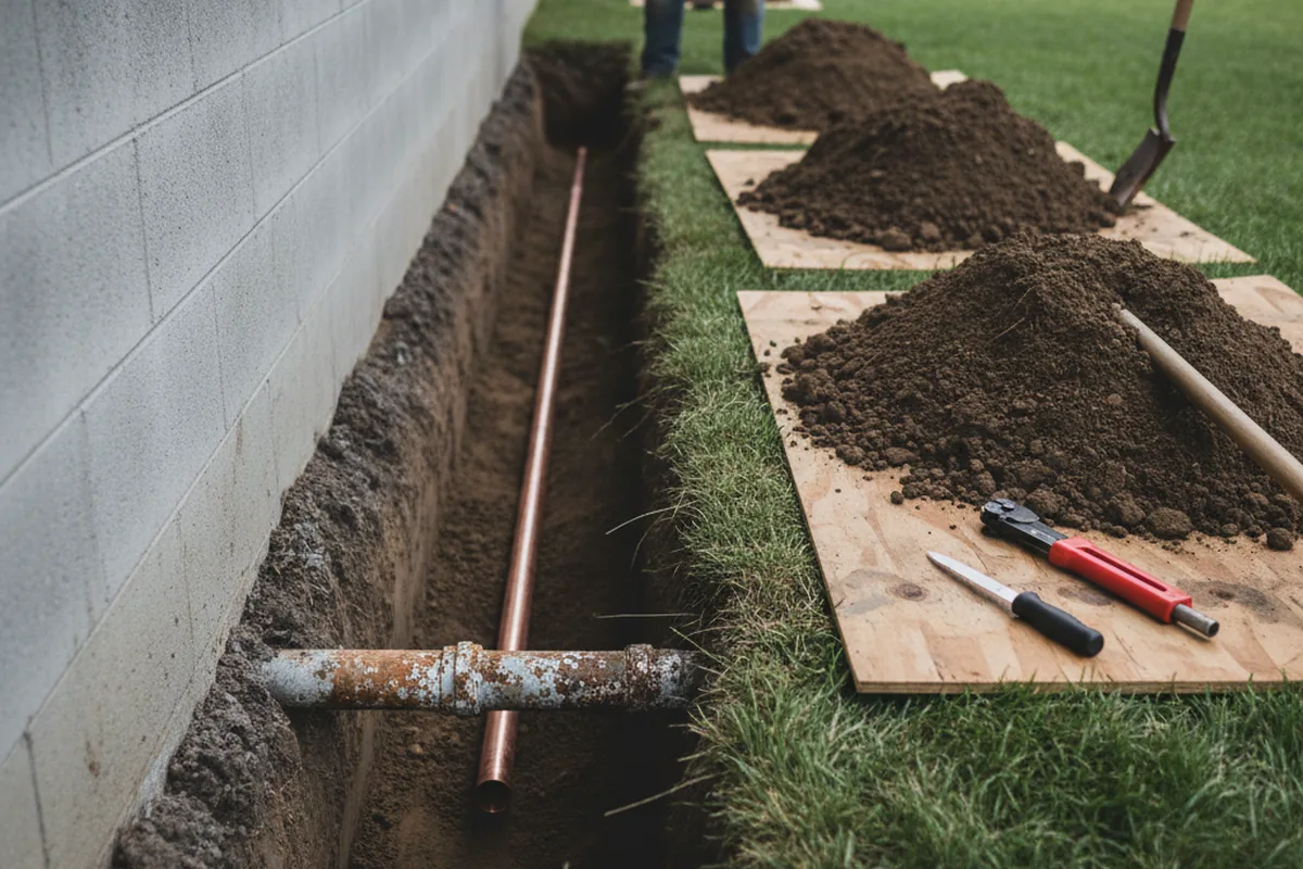Excavated water line trench during Sewer Line Repair in Middleton